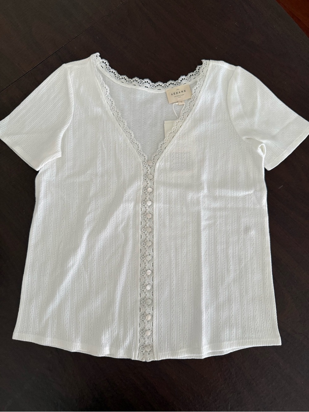 Sezane Madeleine Ecru White Lace-Trim Button Front Top